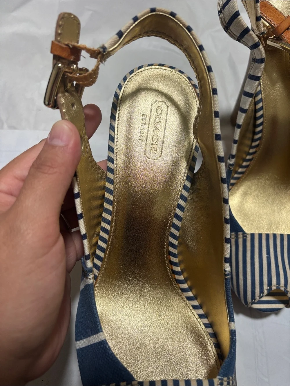 Coach Navy & White Striped Peep-Toe Slingback Heels with Gold Insole